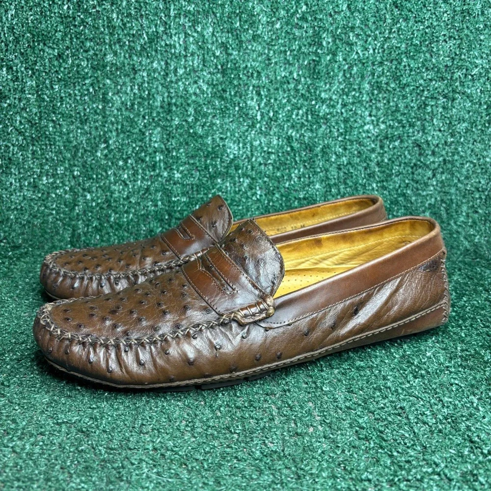 Zelli Genuine Ostrich Leather Penny Loafer Driver Classic Luxury Brown Mens 12 M